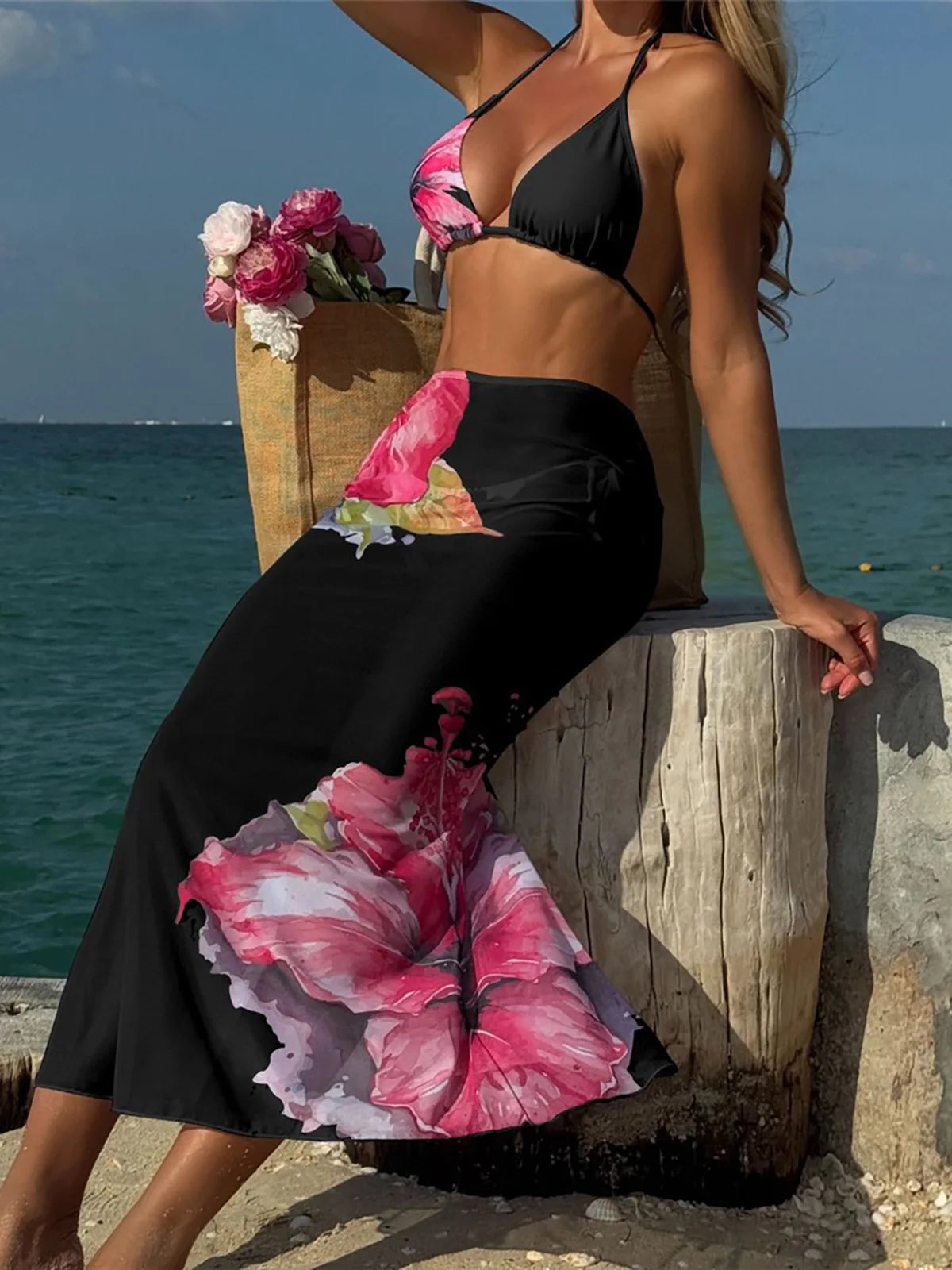 Flowers Printed With Skirt Halter Bikini Women Swimwear Female Swimsuit Three-pieces Bikini set Bather Bathing Suit Swim V6637