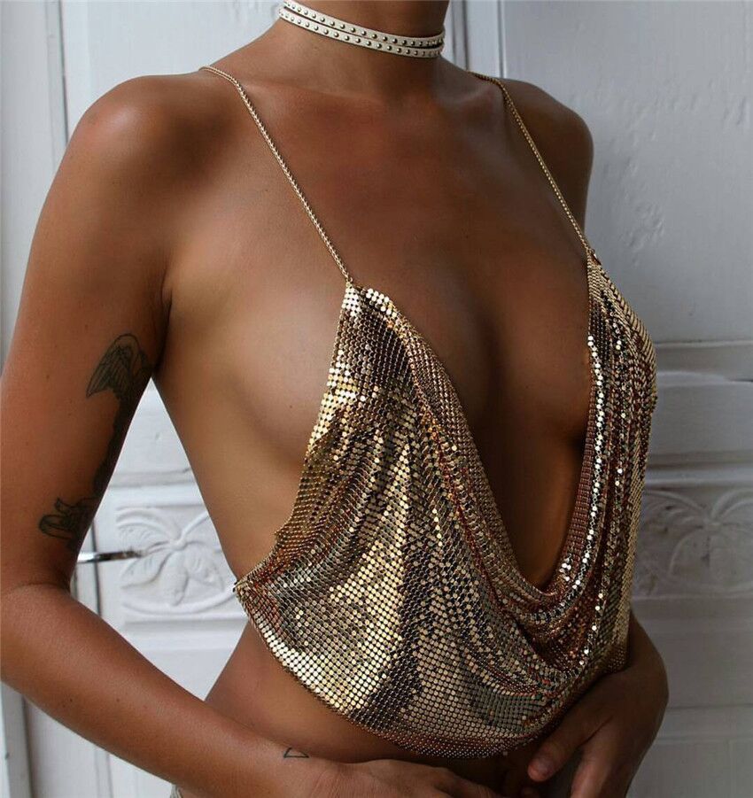 ClubWear Camis for Female Streetwear Y2k Women's Crop Top Sling Metal Sequins Backless Blouse Cushion Belt Adjustable Halter Top