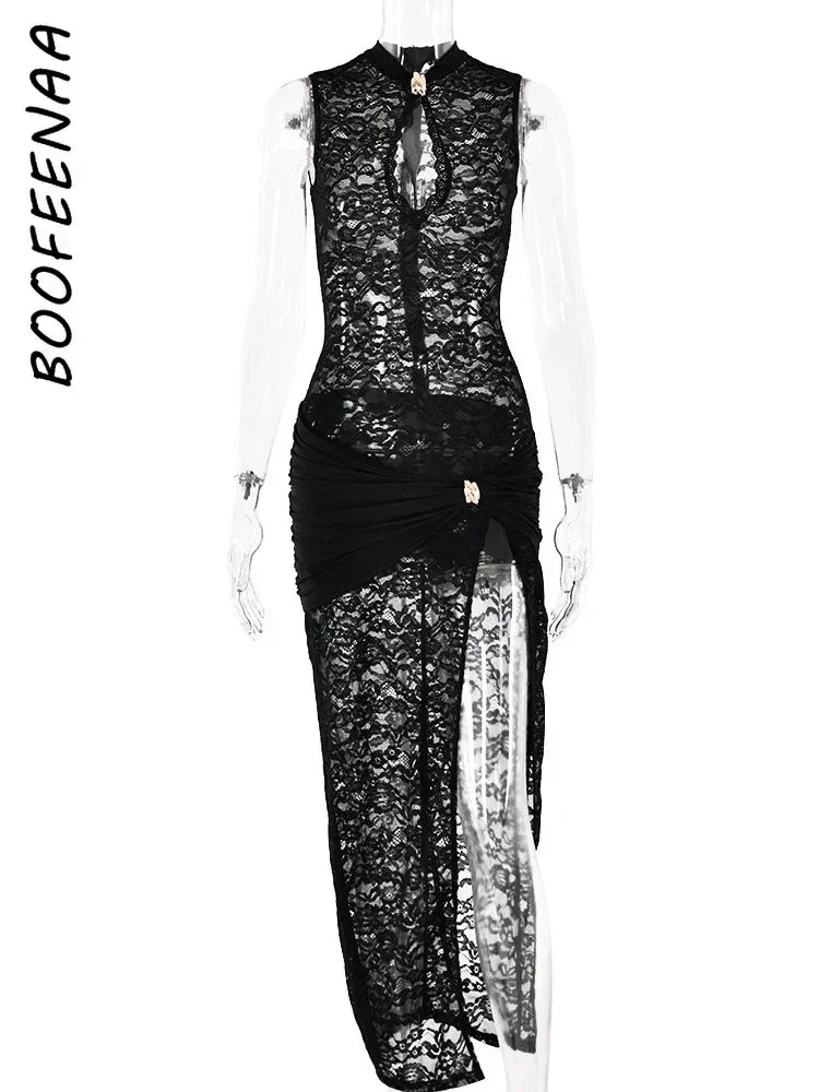 BOOFEENAA See Through Lace Sexy Black Dresses Women 2024 Hollow Out Sleeveless High Split Long Dress Party Club Outfits C92-EI32