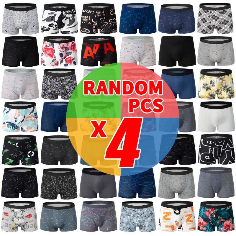 4 Pcs European and American Size MEN'S Printed Fashion Boyshort Comfortable MEN'S Waist plus Size Underwear Sexy Swimming Trunk