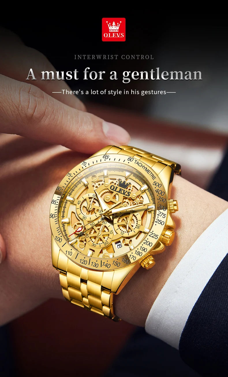 OLEVS Business Gold Men Watches Full Skeleton Stainless steel Chronograph Wristwatch Waterproof Luxury Luminous Quartz Watch Men