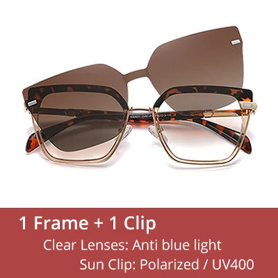 Ralferty Designer Polarized Sunglasses Women 2 In 1 Clips On Glasses Female Spectacles Frame Cat Eye Glasses 0 Diopter Eyewear