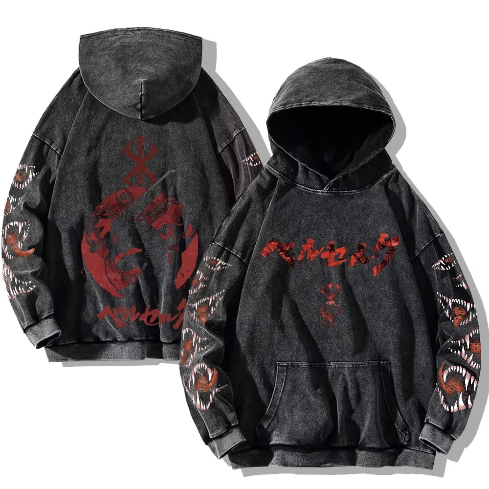 Autumn Men's Hoodies Gothic Print Vintage Washed Hoodie Hip Hop Streetwear Cotton Sweatshirts Harajuku Casual Pullover Y2K Tops