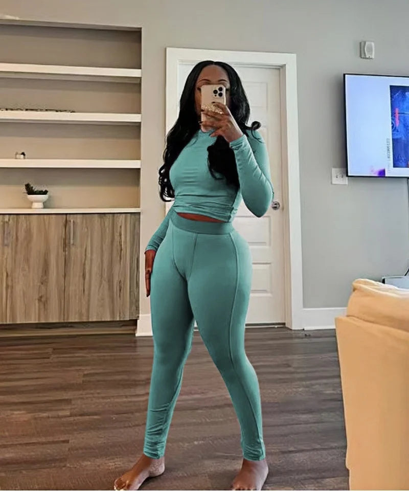 FAGADOER Autumn Winter New Ribbing 2 Piece Sets Women Outfit Solid Long Sleeve Crop Top + High Waist Leggings Suits Sportswear