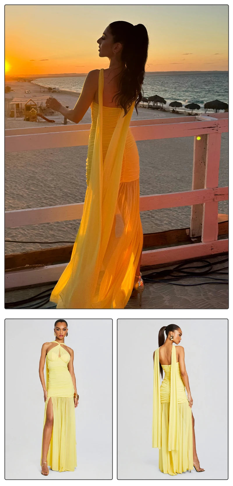 VC Yellow Halter Neck Tie Closure Ruched Long Dress Mesh Key Hole High Slit Pleated Celebrity Birthday Party Cocktail Dress