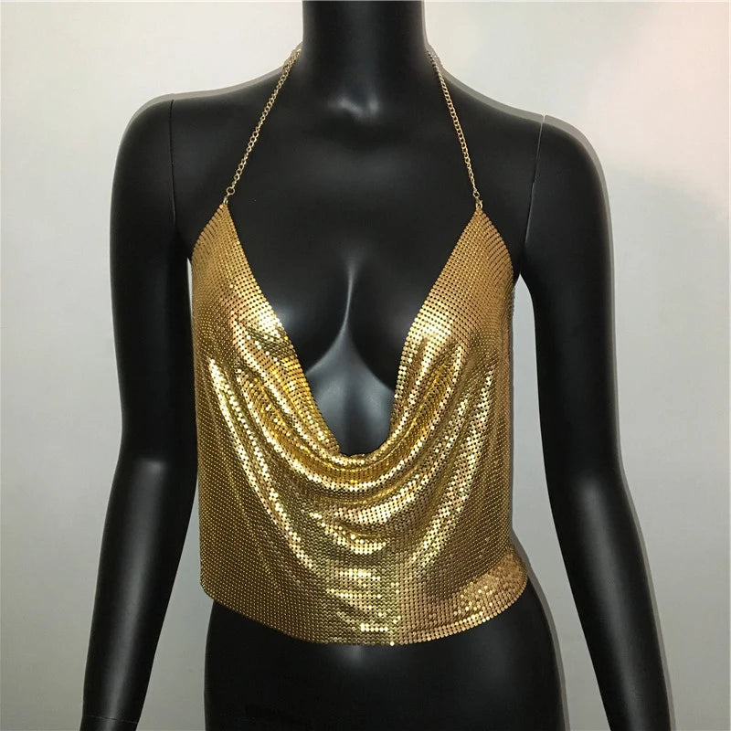 Sexy Metal Sequins Tank Top For Women 2025 Summer V Neck Backless Crop Tops Luxury Solid Short Party Nightclub Tank Tops