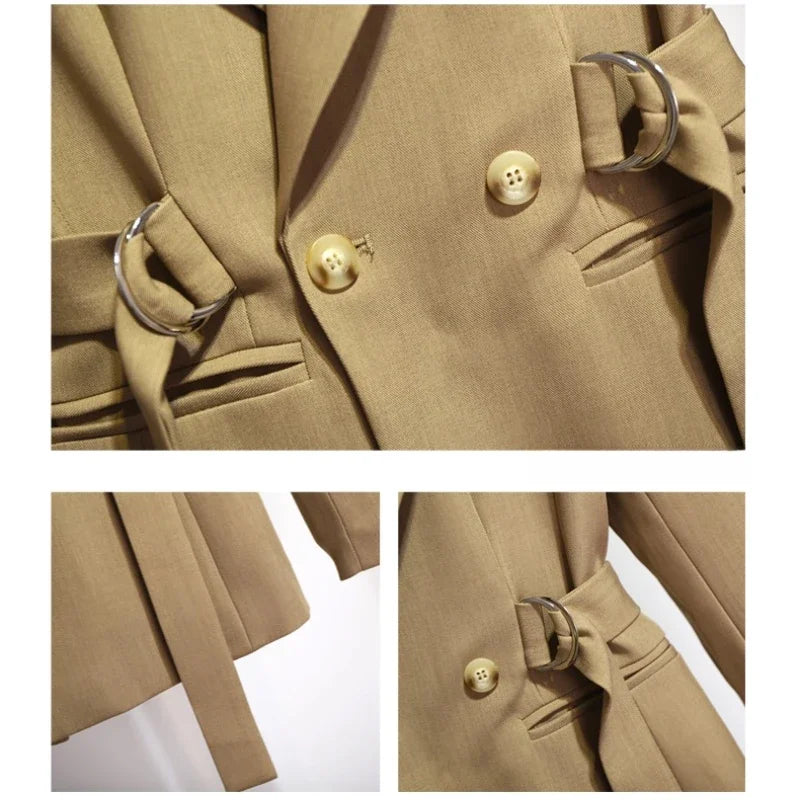 Women's Blazer 2024 Autumn New Korean Fashion Stylish Tie Waist Jacket Unique Luxurious Outerwear for Women Medium Length Jacket