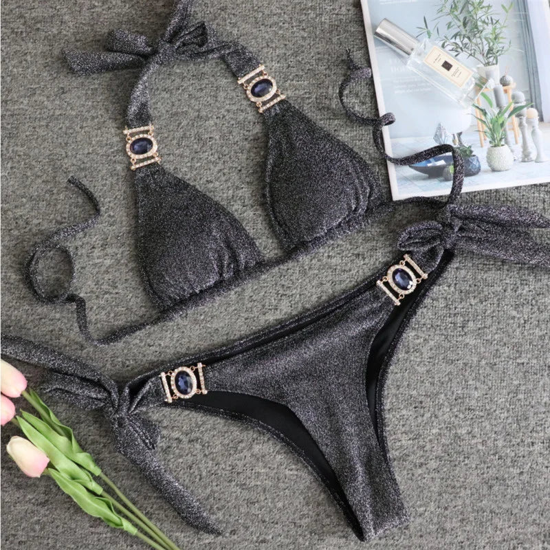 2025 Sexy Bikinis Swimsuit With Rhinestones Solid Color Swimwear Female Push Up Bikini Beach Swimming Bathing Suit Women Bather