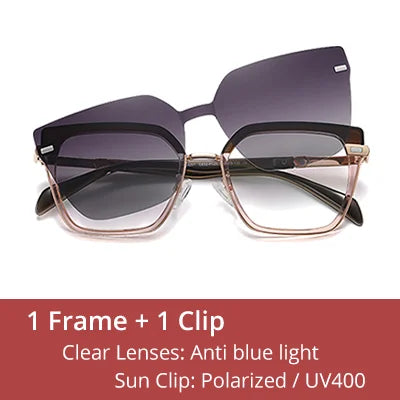 Ralferty Designer Polarized Sunglasses Women 2 In 1 Clips On Glasses Female Spectacles Frame Cat Eye Glasses 0 Diopter Eyewear