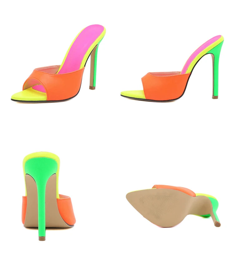 Eilyken Sexy Pointed Toe Mule High Heels Slipper Stripper Summer Fashion Mixed Color Slip On Slides Women Party Sandal Shoes