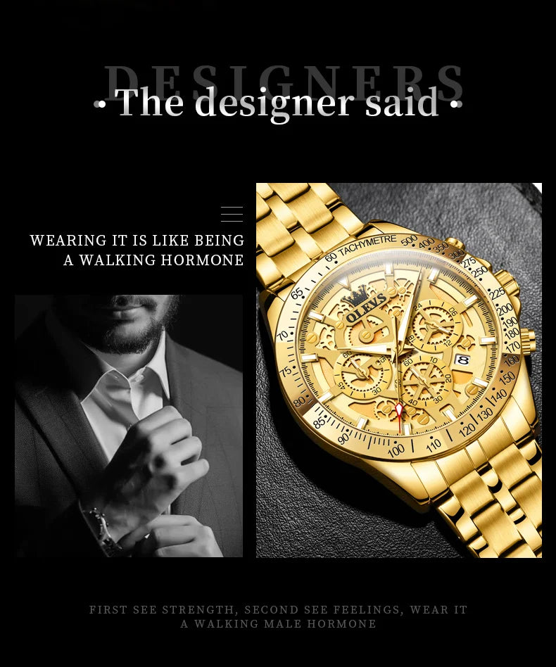 OLEVS Business Gold Men Watches Full Skeleton Stainless steel Chronograph Wristwatch Waterproof Luxury Luminous Quartz Watch Men