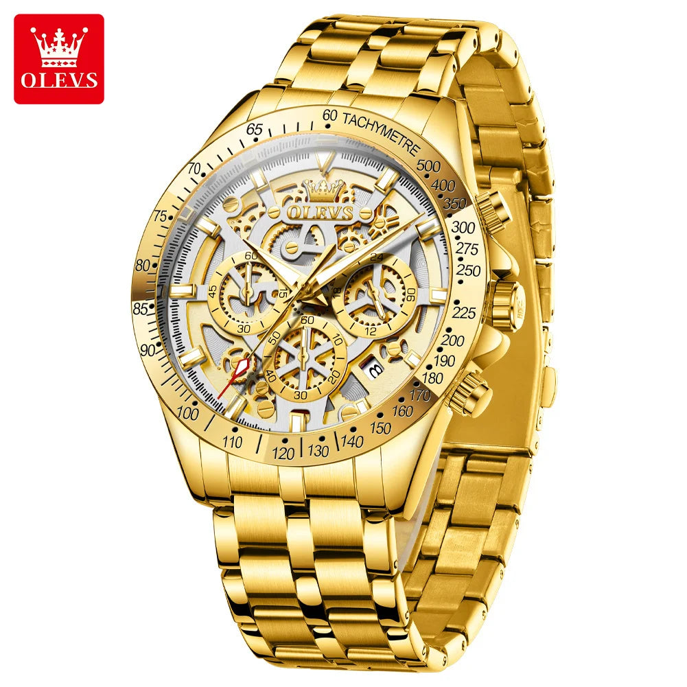 OLEVS Business Gold Men Watches Full Skeleton Stainless steel Chronograph Wristwatch Waterproof Luxury Luminous Quartz Watch Men