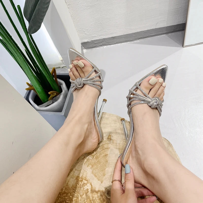 Eilyken Sexy High Heels Slipper For Women Summer Fashion CRYSTAL Narrow Band Pointed Toe Slides Stripper Party Sandal Mule Shoes