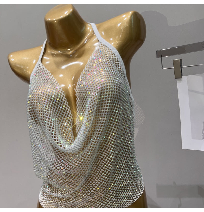 Women's Summer 2023 Sexy Rhinestone Solid Color Camisole Tie Backless Bandage Corset Top Fashion Peplum