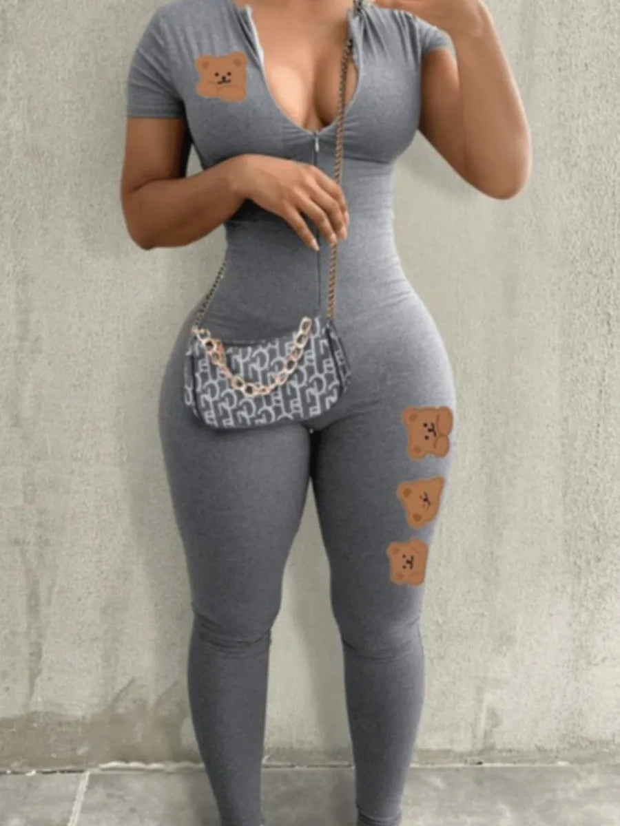 LW Spring Summer Women Casual Fashion V-Neck Long Sleeve Zipper Design Skinny One-Pieces Sportswear Outfits Jumpsuit
