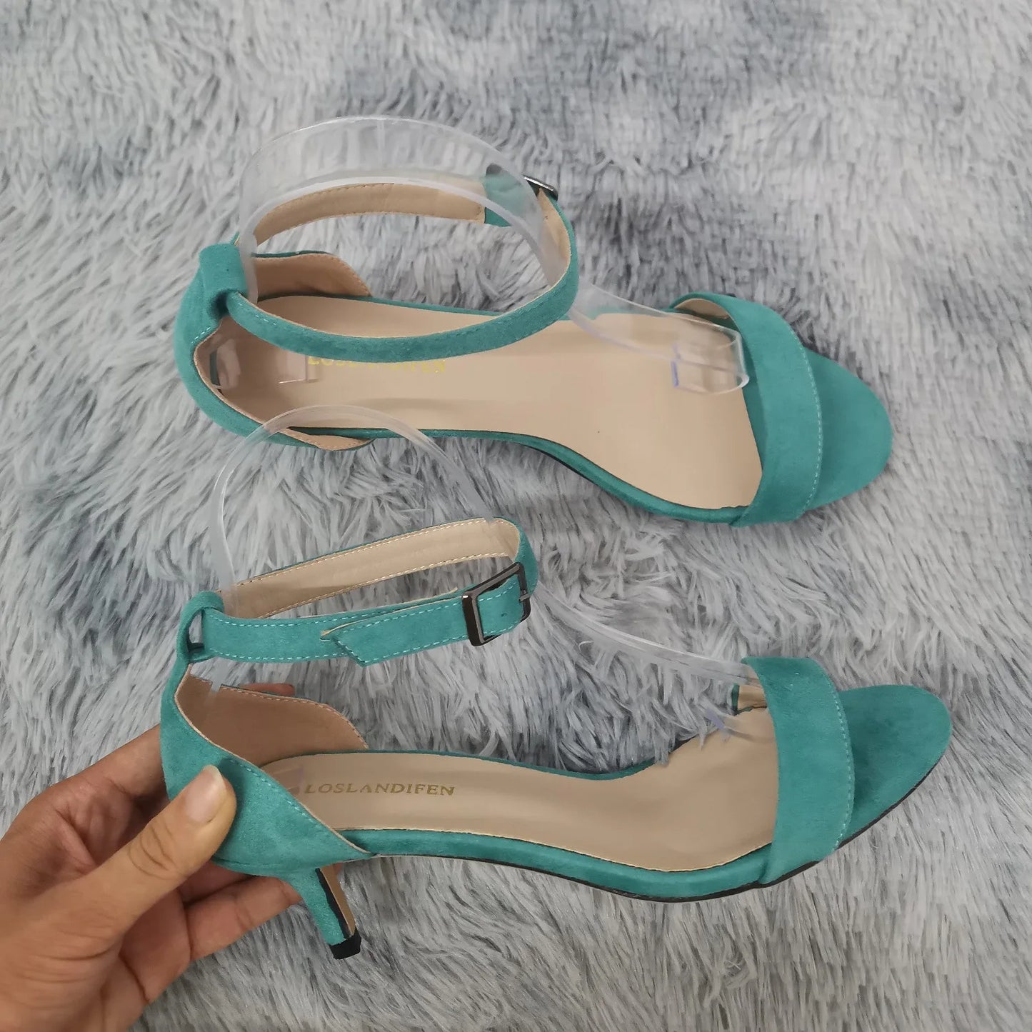 LOSLANDIFEN Summer Low Heels Ankle Strap Sandal Open Toes Sexy High Wedding Party Shoes Plus Size Women Sandals 105-2VE
