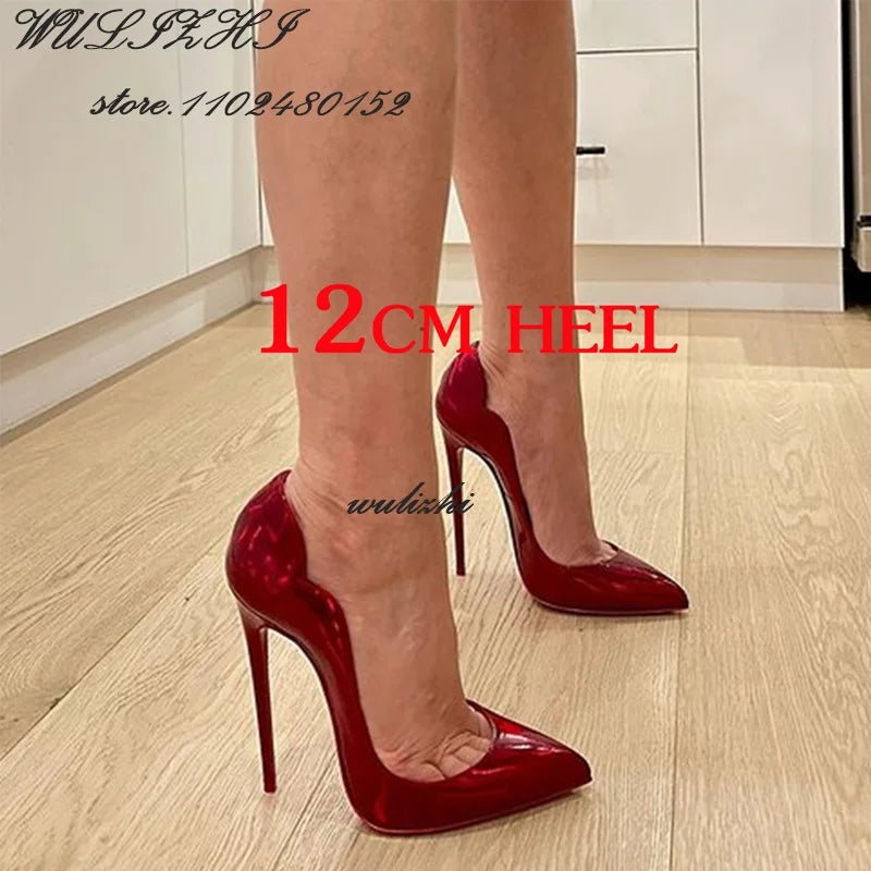 Red Shiny Mirror Sexy Heels Girl Dress Hollow Pointed Toe Sandal Spring Bling Catwalk Metallic Glitter Pump Concise Shallow Shoe