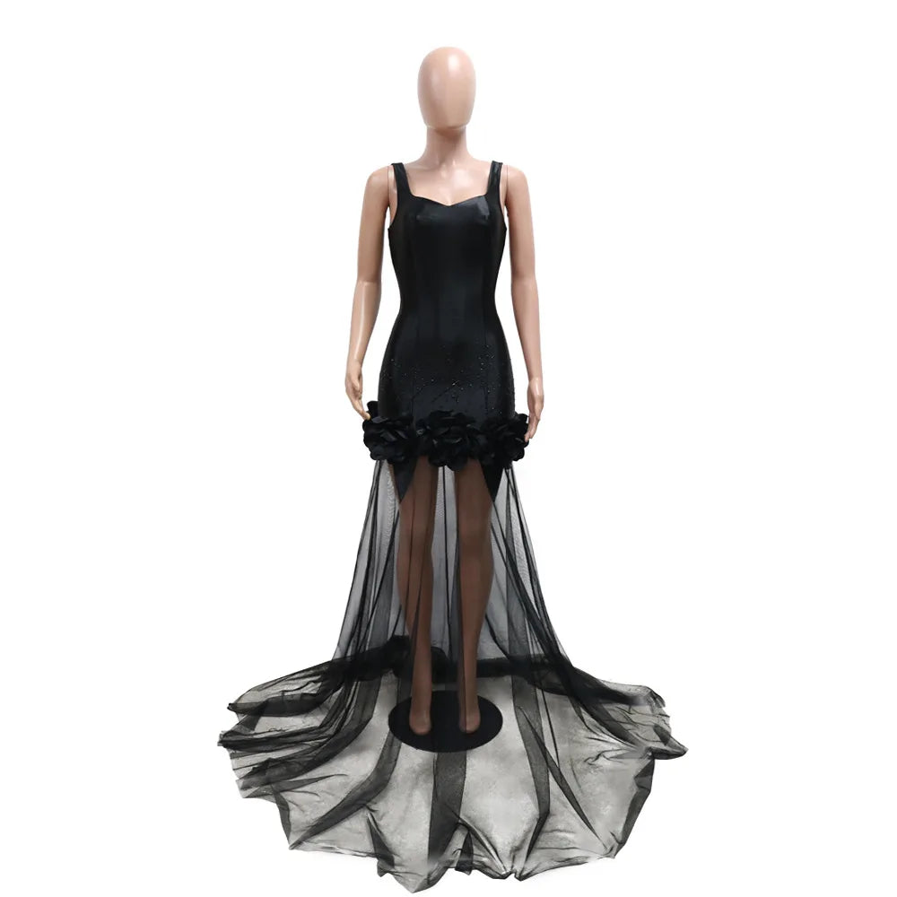 CM.YAYA Diamonds 3D Flower Mesh See Through Women Sleeveless Bodycon Long Dress Birthday Party Evening Prom Maxi Mermaid Dresses