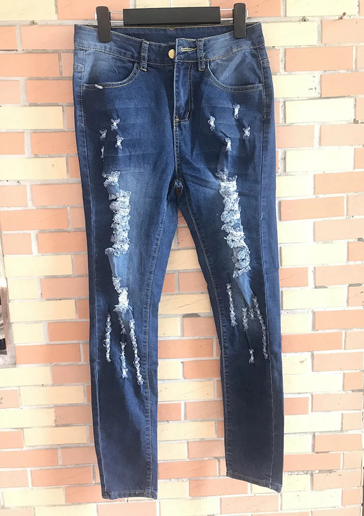 Europe and America Fashion Stretch Washed Ripped Jeans, Women's Spring and Autumn New Slim-fit High-waisted Small Feet Pants