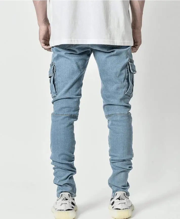 New Jeans Men Pants Wash Solid Color Multi Pockets Denim Mid Waist Cargo Jeans Plus Size Fahsion Casual Trousers Male Daily Wear