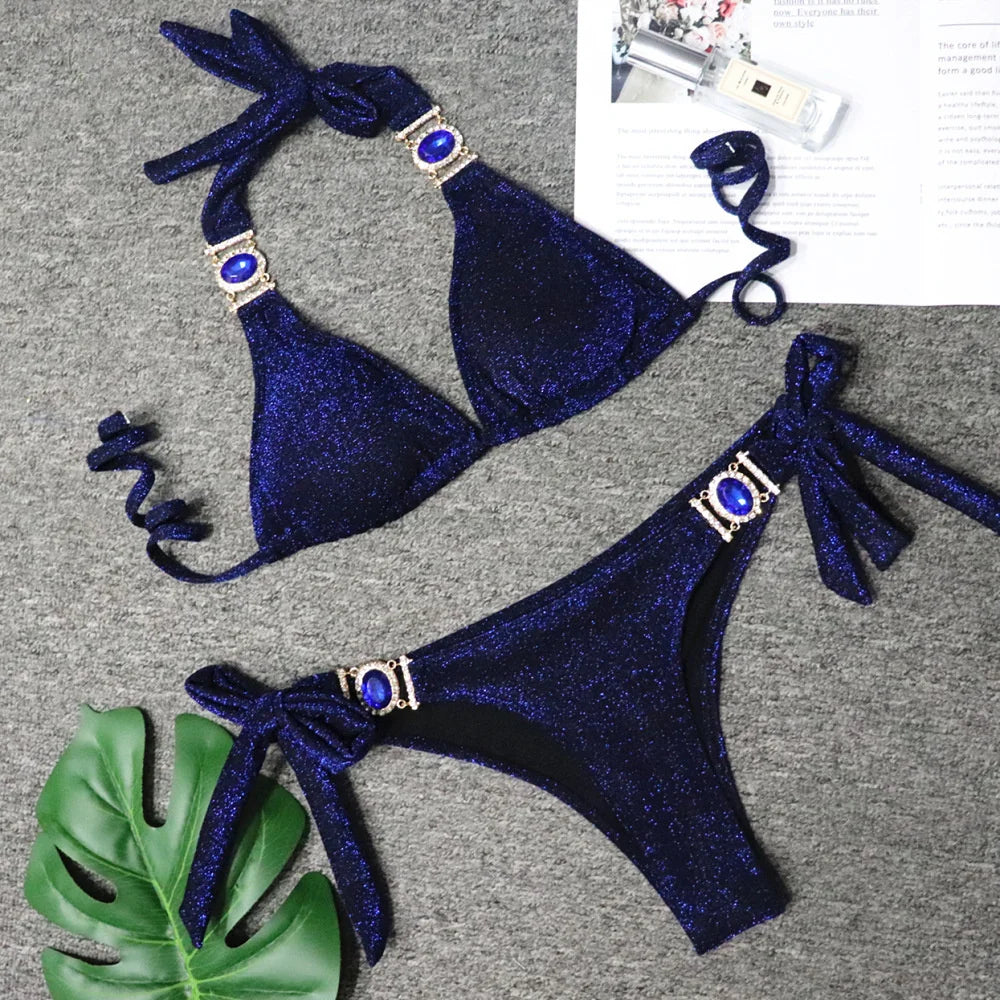 2025 Sexy Bikinis Swimsuit With Rhinestones Solid Color Swimwear Female Push Up Bikini Beach Swimming Bathing Suit Women Bather