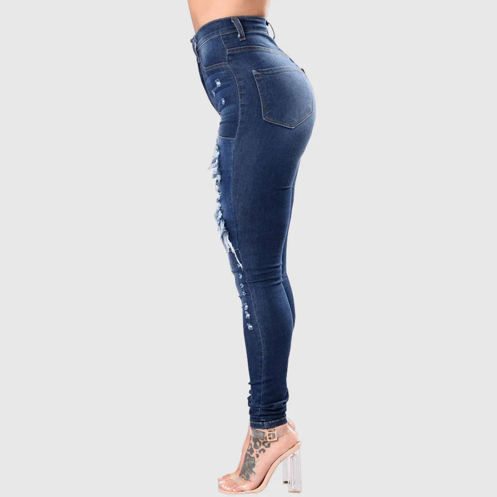 Europe and America Fashion Stretch Washed Ripped Jeans, Women's Spring and Autumn New Slim-fit High-waisted Small Feet Pants