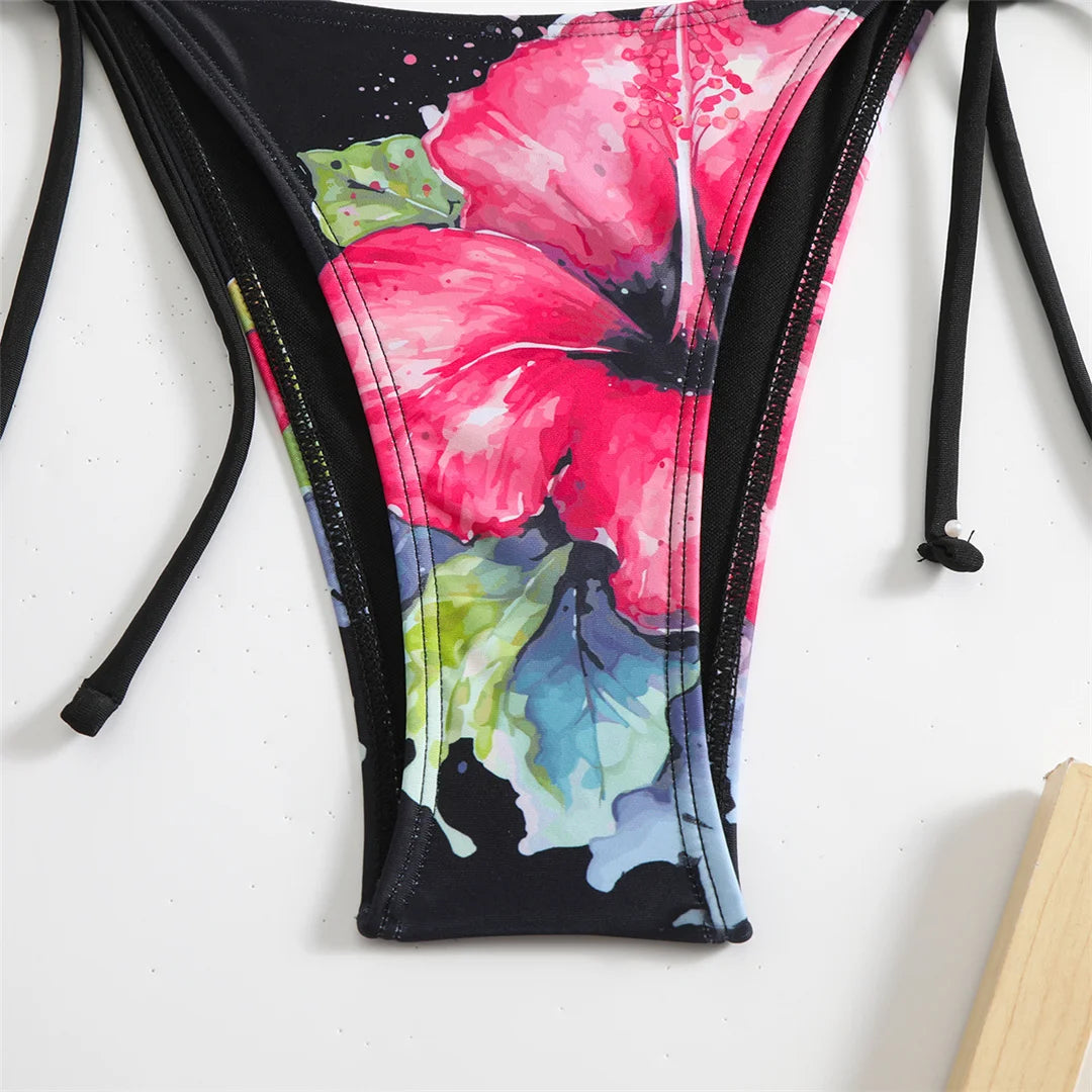 Flowers Printed With Skirt Halter Bikini Women Swimwear Female Swimsuit Three-pieces Bikini set Bather Bathing Suit Swim V6637