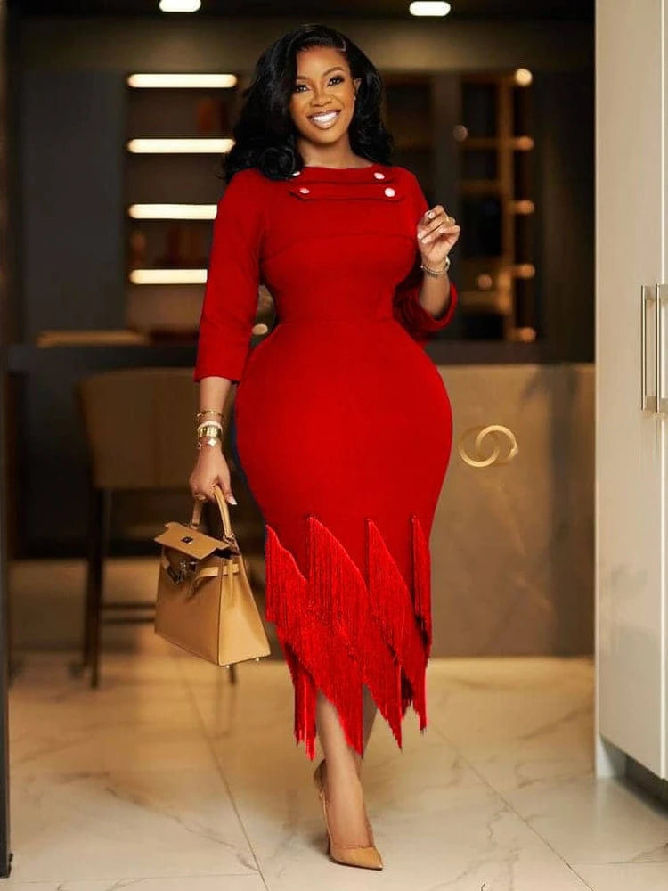 Elegant Tassel Celebrity Formal Long Dress with Lace Up Backless Red Christmas Slim Fit Dresses Party Club Dress Birthday Outfit