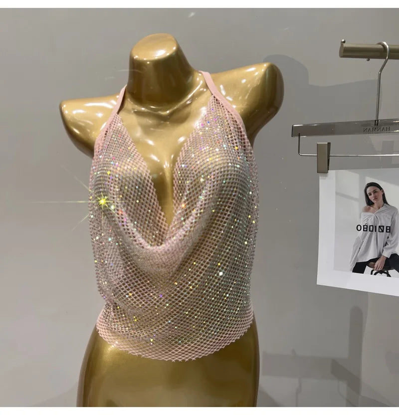 Women's Summer 2023 Sexy Rhinestone Solid Color Camisole Tie Backless Bandage Corset Top Fashion Peplum