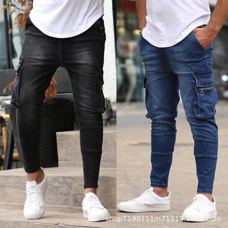 New Jeans Men Pants Wash Solid Color Multi Pockets Denim Mid Waist Cargo Jeans Plus Size Fahsion Casual Trousers Male Daily Wear