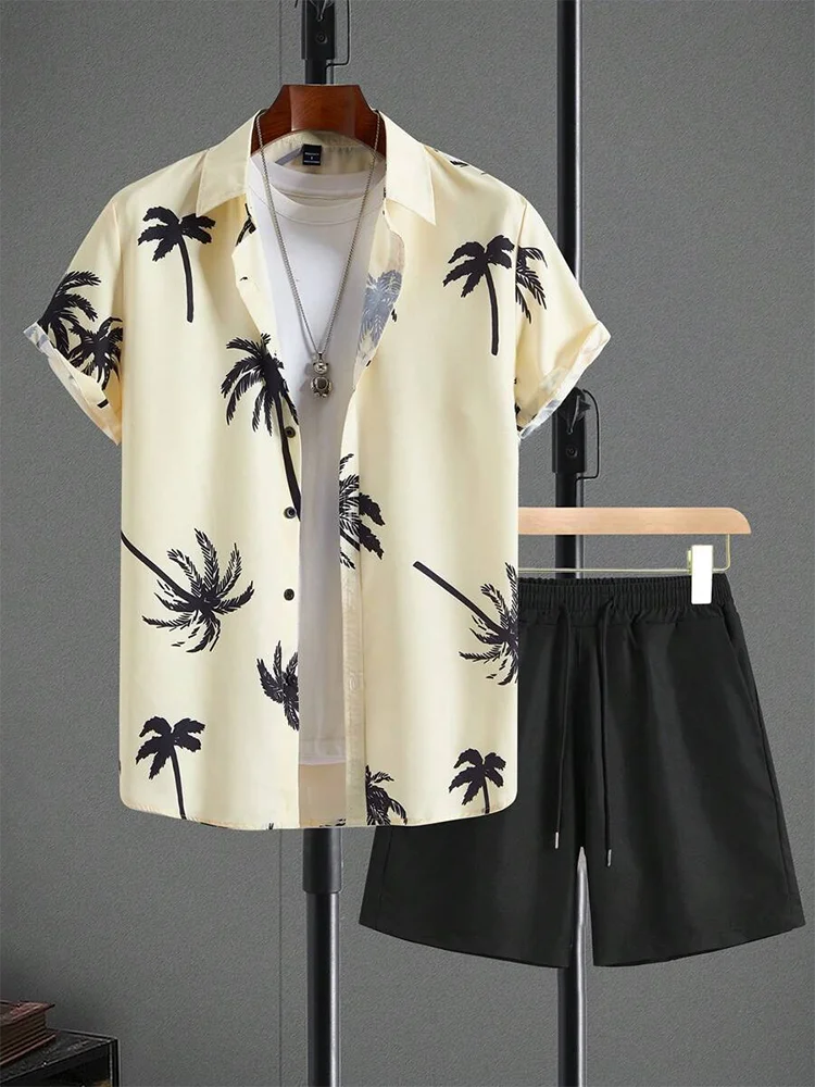 Hawaiian Coconut Tree Print Men's Shirt Summer Short Sleeve Tops Beach Shorts 2 Piece Sets Casual Vacation Style Outfit Clothing