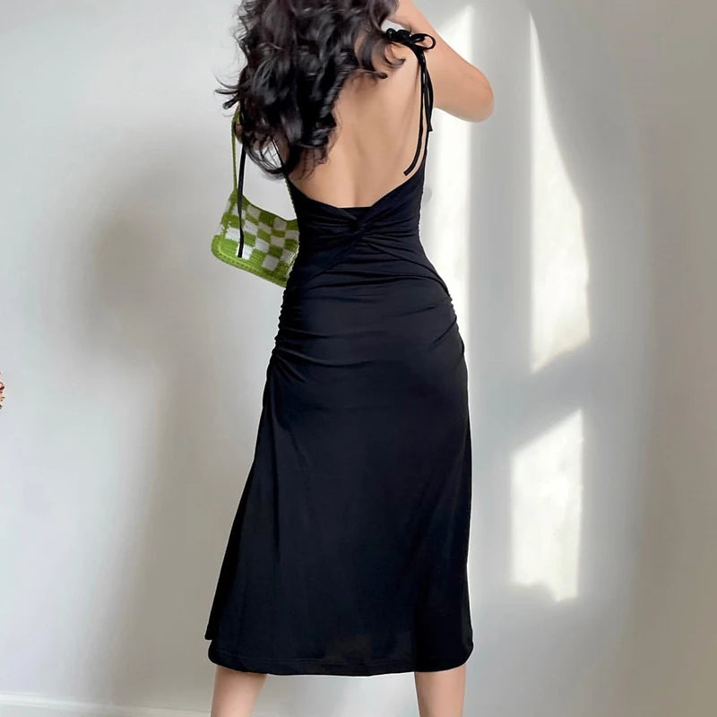 Summer Black Dress Irregular Elegant Backless Party Long Dress Strappy Ruched Sexy Dresses Women Clothes Vintage Vestidos Largos