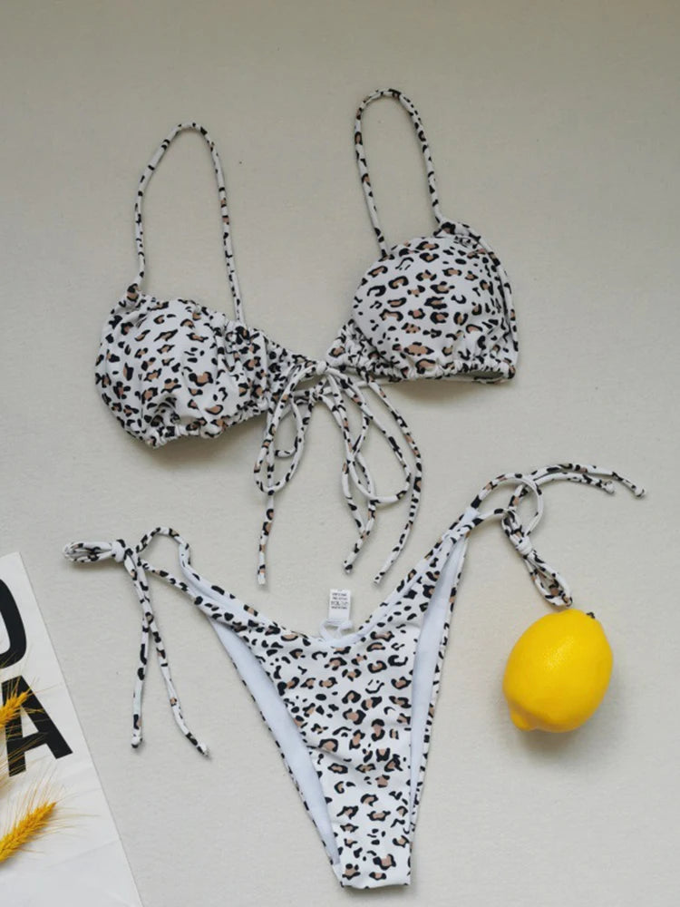 OIINAA Sexy Bikini Set Women Swimsuit Two-Piece Lace Up Pleated Female Swimwear Backless Bathing 2025 Summer Fashion Beachwear