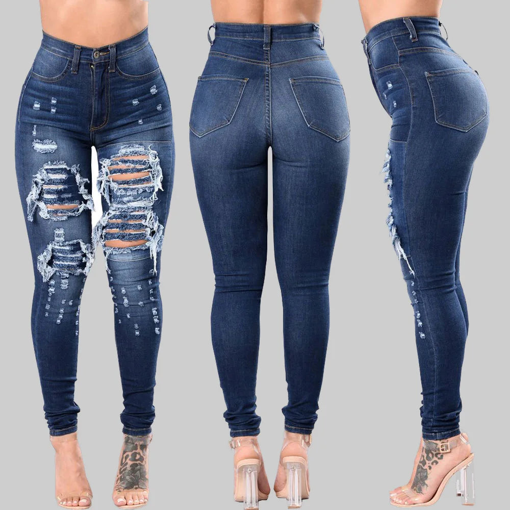Europe and America Fashion Stretch Washed Ripped Jeans, Women's Spring and Autumn New Slim-fit High-waisted Small Feet Pants