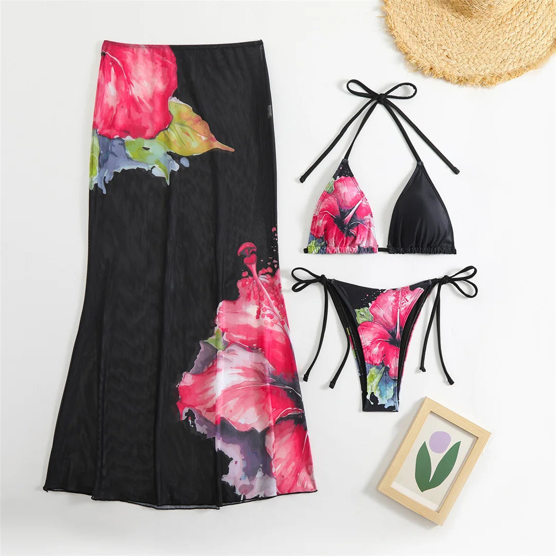 Flowers Printed With Skirt Halter Bikini Women Swimwear Female Swimsuit Three-pieces Bikini set Bather Bathing Suit Swim V6637