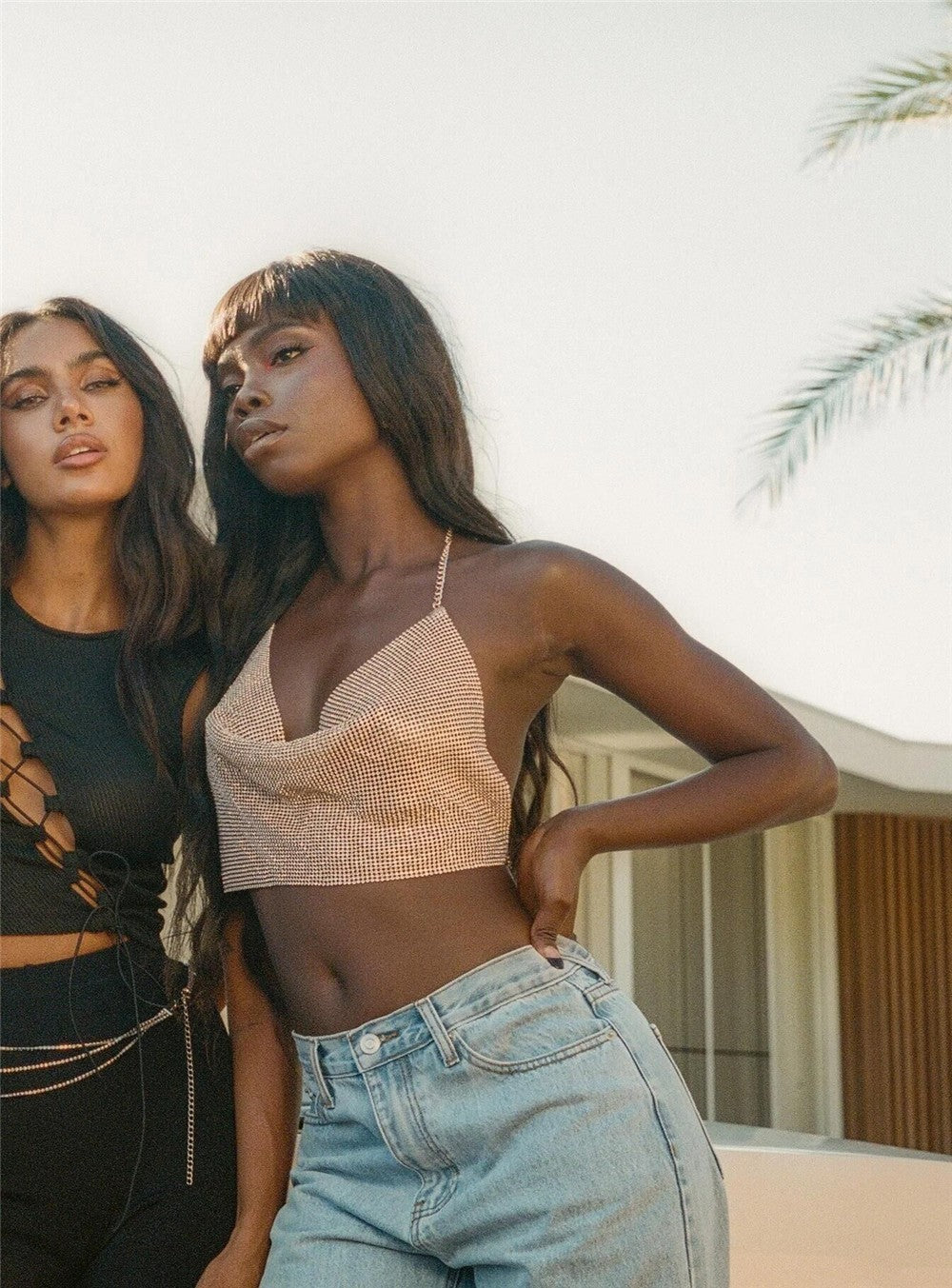 ClubWear Camis for Female Streetwear Y2k Women's Crop Top Sling Metal Sequins Backless Blouse Cushion Belt Adjustable Halter Top