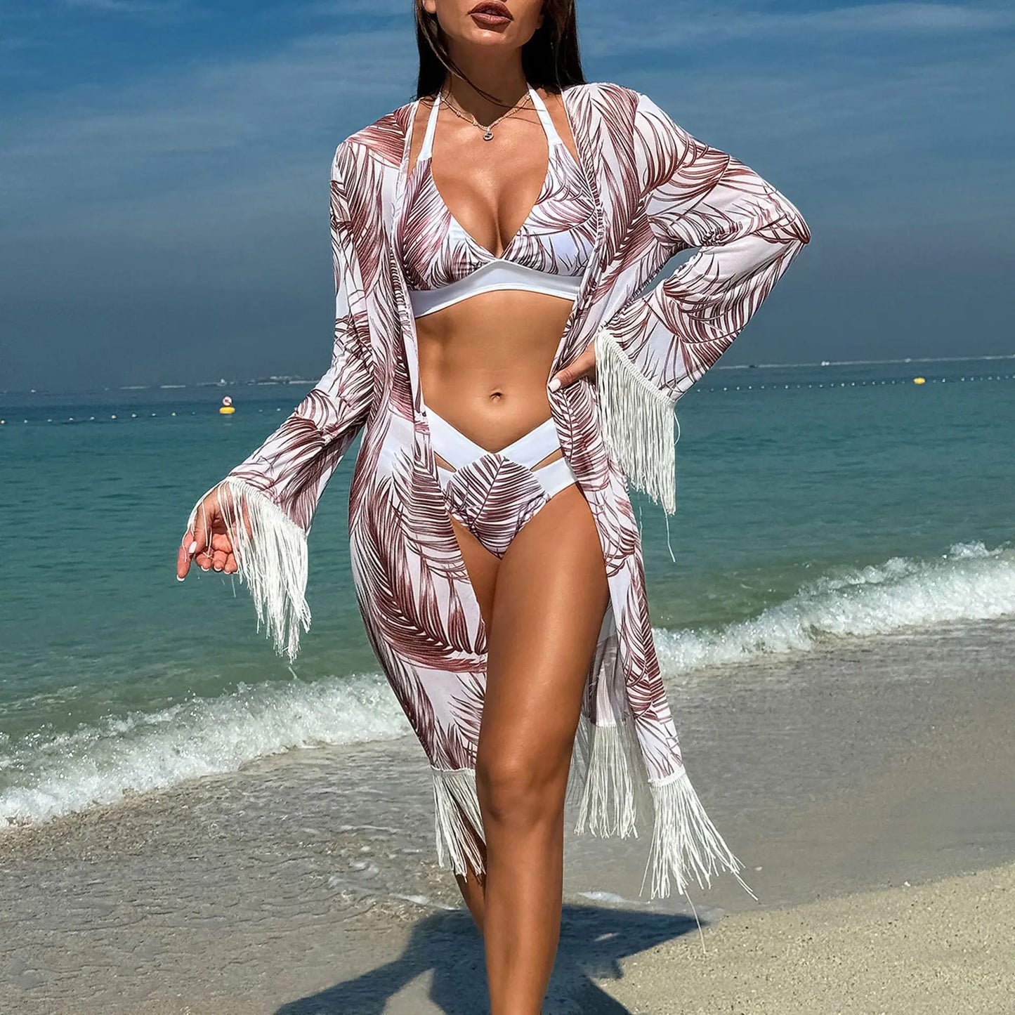 2024 Three Pieces Bikini Set Cover Up Swimwear High Waisted Bikini Set Women's Swimwear Print For Female Bath Suit Tropical