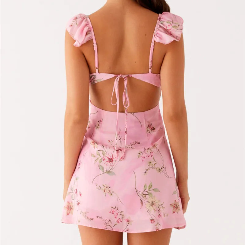 hirigin Women Mini Dress Sleeveless V Neck Backless Tie-up Floral/Dots Summer A-line Dress for Club Party Holiday Beach Sundress
