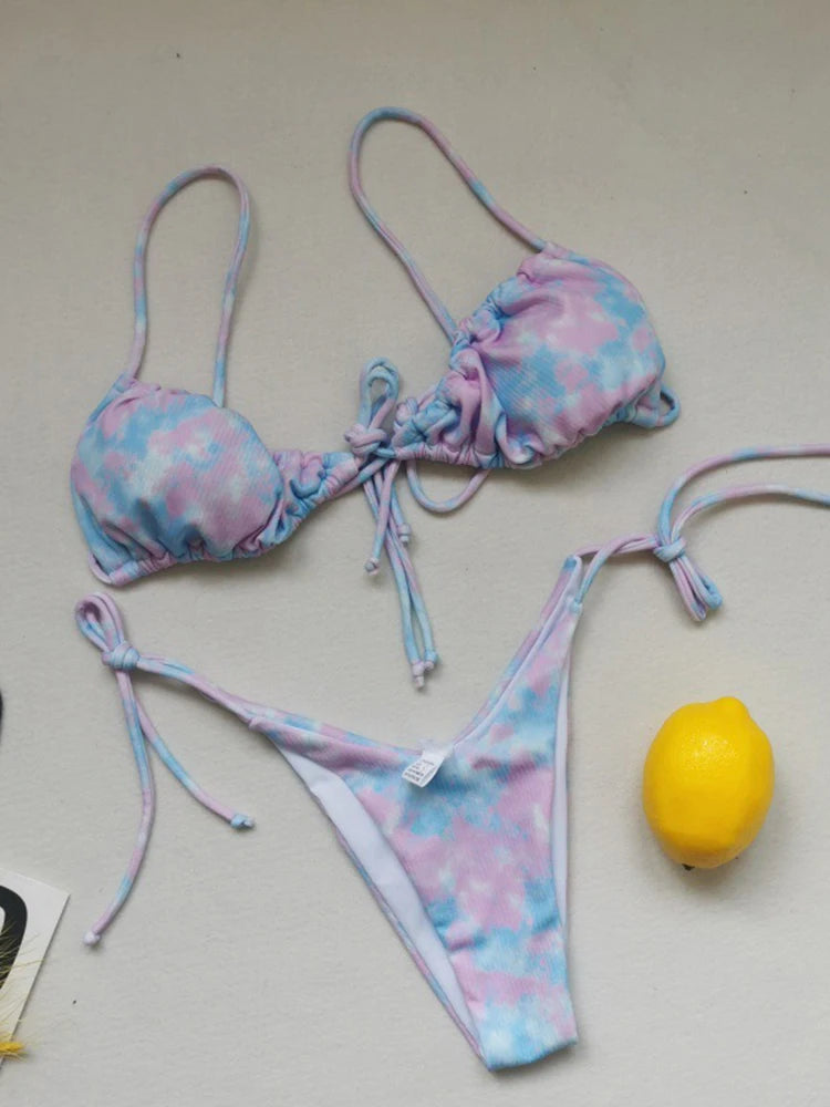 OIINAA Sexy Bikini Set Women Swimsuit Two-Piece Lace Up Pleated Female Swimwear Backless Bathing 2025 Summer Fashion Beachwear