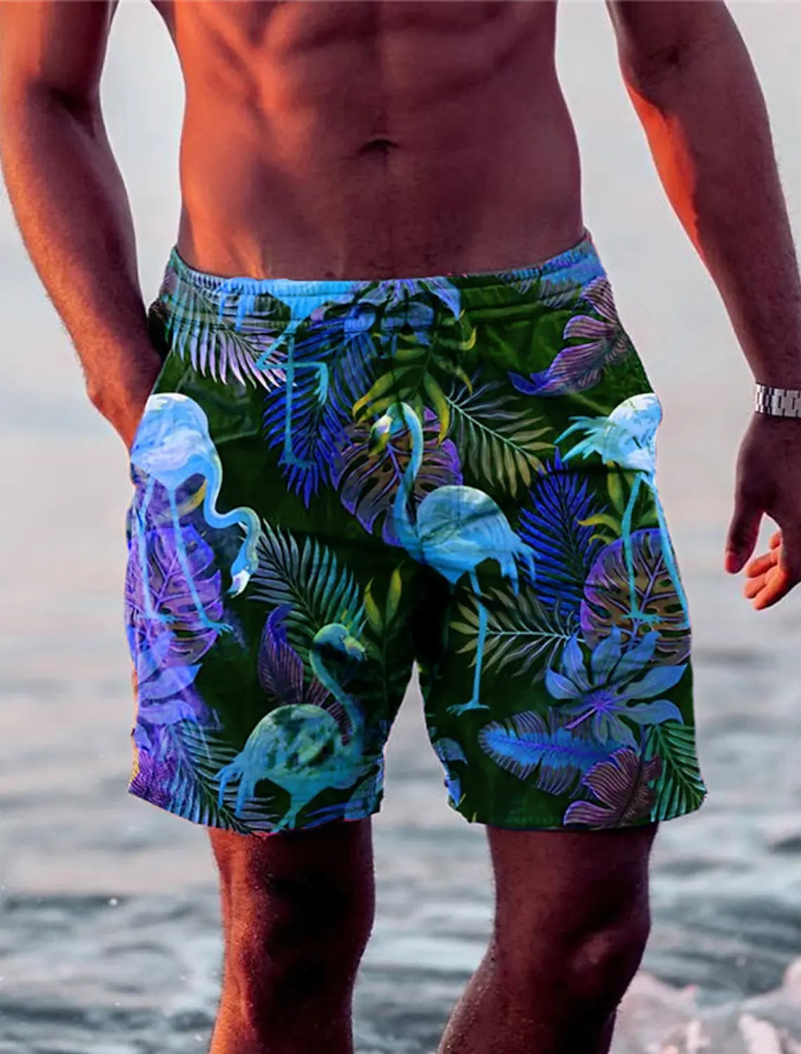 New Men's Shorts Swim Trunks Drawstring Leaf Flamingo Graphics Quick Dry Short Casual Holiday Hawaiian Micro-elastic