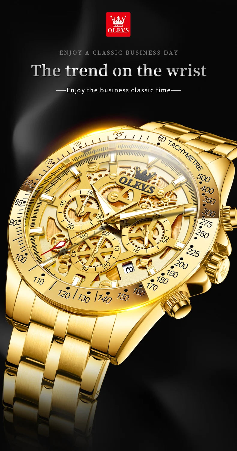 OLEVS Business Gold Men Watches Full Skeleton Stainless steel Chronograph Wristwatch Waterproof Luxury Luminous Quartz Watch Men