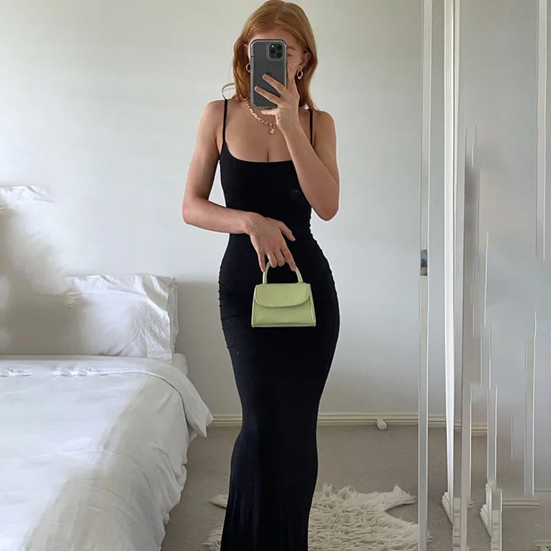 Dresses For Women 2023 Sexy Spaghetti Strap Black Long Dress Evening Y2k Sleeveless Solid Skinny Bodycon Maxi Vestidos