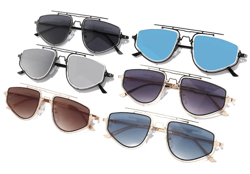 SHAUNA Retro Double Bridges Cat Eye Metal Frame Men Sunglasses Fashion Gradient Mirror Shades UV400 Women Outdoor Sun Glasses