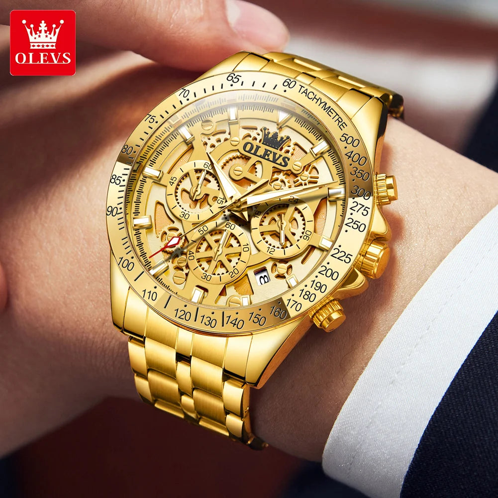 OLEVS Business Gold Men Watches Full Skeleton Stainless steel Chronograph Wristwatch Waterproof Luxury Luminous Quartz Watch Men