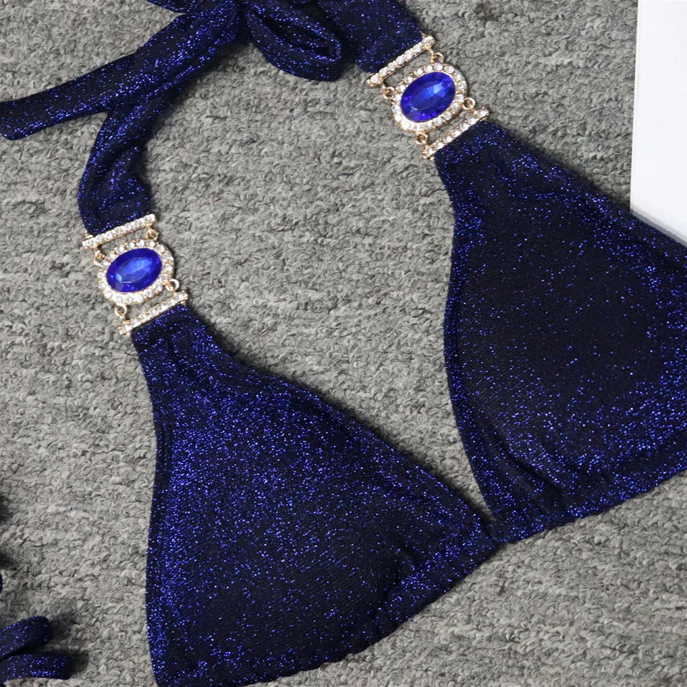 2025 Sexy Bikinis Swimsuit With Rhinestones Solid Color Swimwear Female Push Up Bikini Beach Swimming Bathing Suit Women Bather