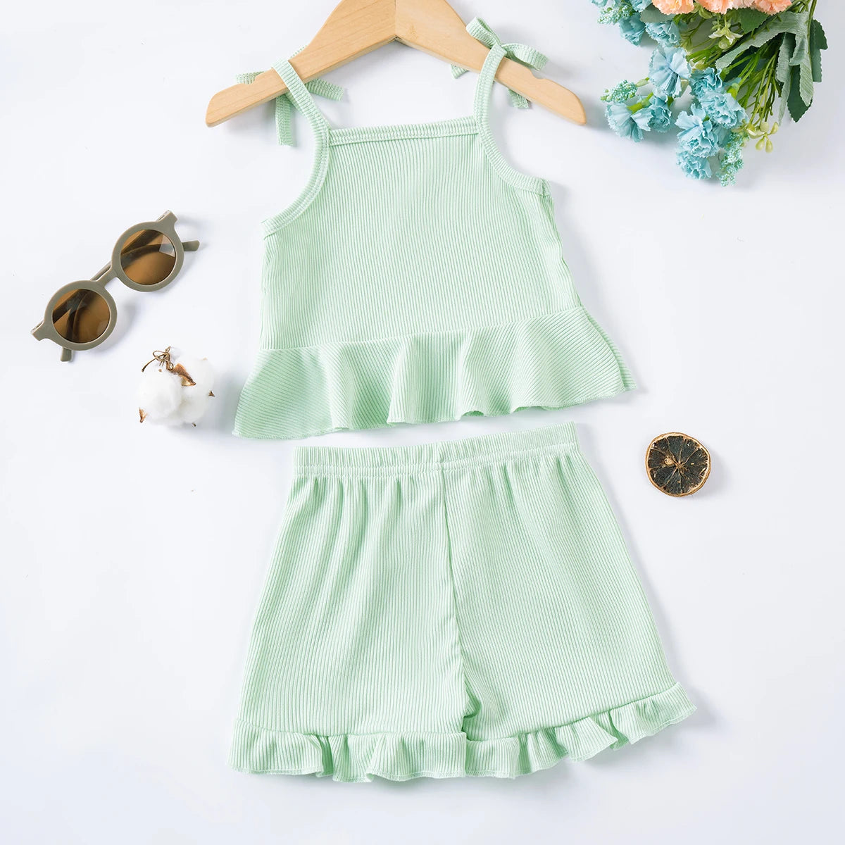 2024 Baby Girls Summer Set Toddler Thin Ruffle Edge Sling+Comfortable Ruffle Edge Shorts 2-piece Set for Outgoing or Party Wear