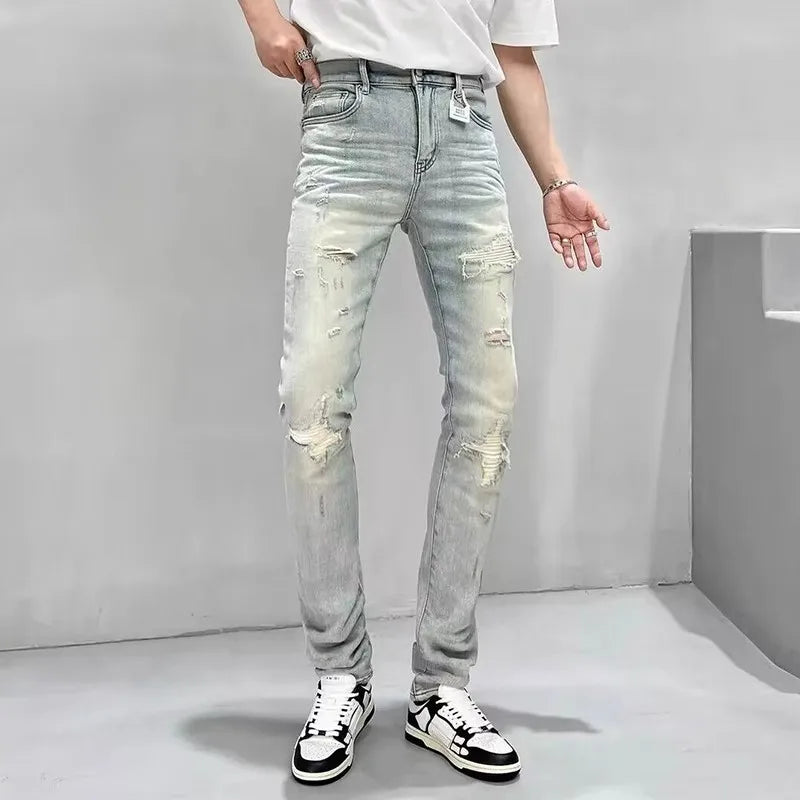 Fashion Korean Style Gray Skinny Jeans Tiger Printing Luxury Men's Streetwear Slim Jeans Autumn Casual Wear Motorcycle Men Jeans