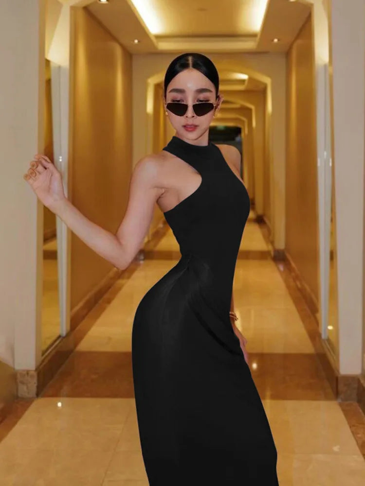Mozision Women Sexy Party Club Evening Bodycon Sleeveless Long Dress Backless Soild Color Elegant Summer Dress