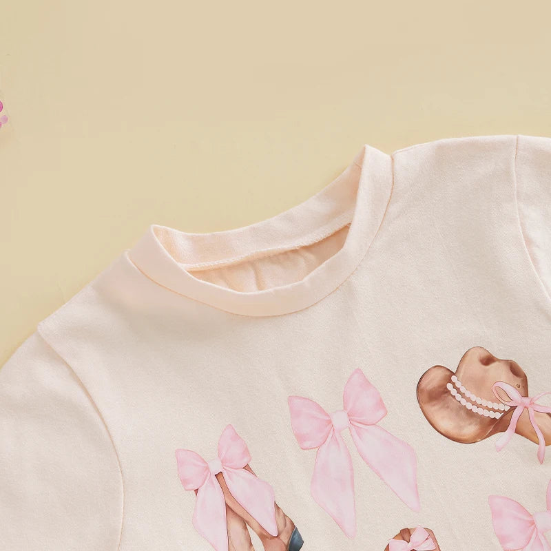 Infant Girls 2-Piece Summer Set with Short Sleeve Bow Boots Print Top and Tulle Skirt Cute Baby Western Outfit