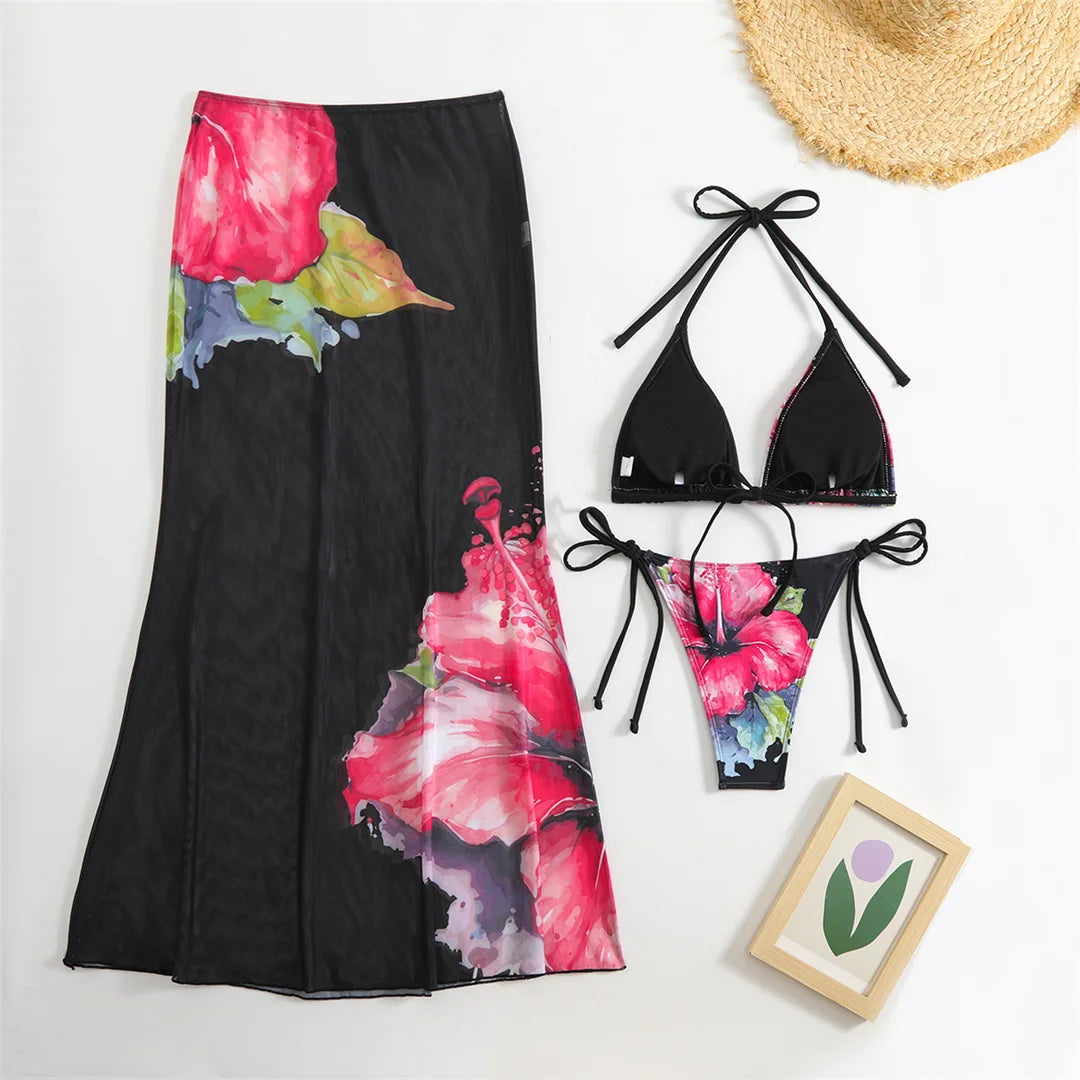 Flowers Printed With Skirt Halter Bikini Women Swimwear Female Swimsuit Three-pieces Bikini set Bather Bathing Suit Swim V6637